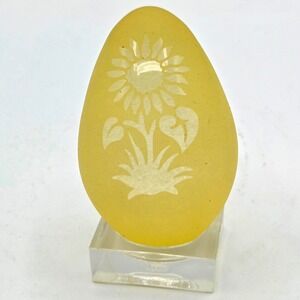 Vintage Etched Yellow Sunflower  Pilgrim Glass Egg Paperweight with Stand